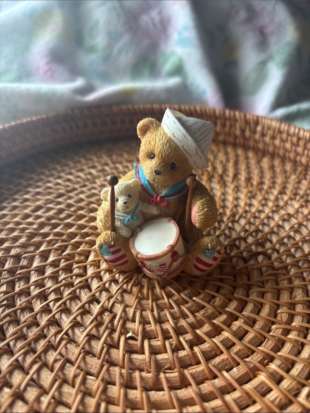 Cherished Teddies Ceramic Drummer Bear Figurine - Tan, White, Red, Blue Accents